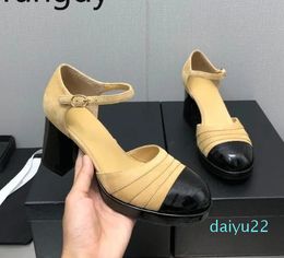 Sandales femmes chaussures en daim de vache naturel talons hauts Mary Janes pompes plissées concepteur boucle sangle Zapatillas Mujer