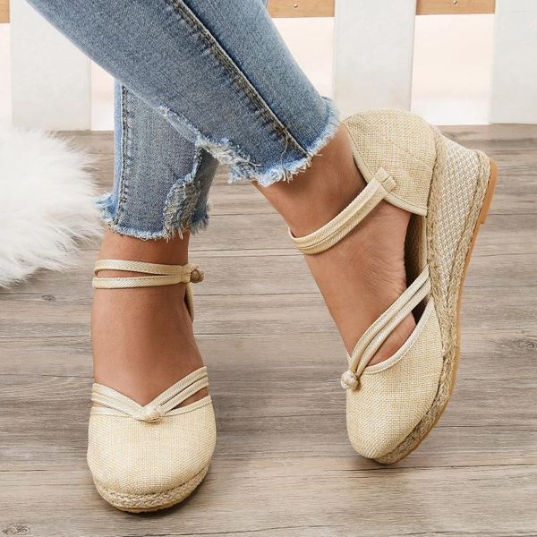 Sandalias Mujer Zapatos Plataforma Cuña Moda Versátil Hebilla Trenzada Paja Tejida Transpirable