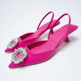 Sandales femmes chaussures été pompes Mules bout pointu peu profond nu rose diamant talon bas dos à bretelles fête mariage 230220