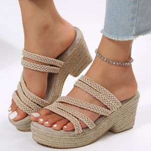 Sandalias Mujer Sandalias deslizantes Alpargatas Zapatos de plataforma Cuña Moda Punta abierta Paja Zapatilla de verano Cómodas sandalias casuales para mujer 230719