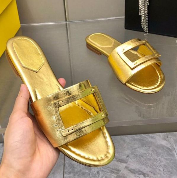 Sandales femmes pantoufle appartements Baguette Wide Brand Slides Baguette pantoufle Gold METALLIC Leathers sanal chaussures de marche vente d'usine en plein air