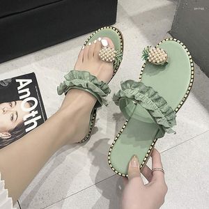 Sandales femmes pantoufles chaussures tongs plates chaîne perle été 2023 mode compensées femme diapositives ananas dame décontracté Mujer