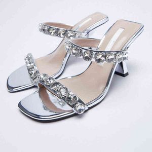 Sandales femmes bretelles scintillantes talons hauts argent diamant orné pompes dame pantoufles élégantes bout carré chaussures simples 220303