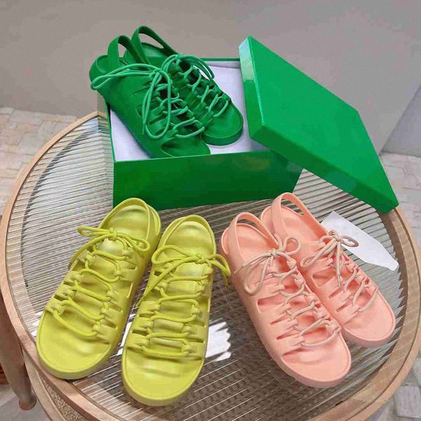 Sandalias Mujeres zapatillas de paja encaje de goma Falt Sandalias de cuero de cuero verde rosa plataforma de moda amarilla sandalia 99ck#