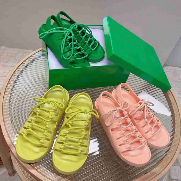 Sandalias para mujer Zapatillas de paja Cruz con cordones Sandalias de goma Falt Cuero regenerado verde rosa amarillo Plataforma de moda Sandalia q890 #
