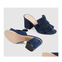 Sandales Femmes Daim Midheel Pompe Sandale Plate-Forme Designer Chaussures Marmont Avec Pli Sur Frange En Cuir Véritable Boîte À Talons Hauts Us11 No Dro Dhpfg