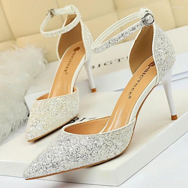 Sandalias Mujer Verano 7,5 cm 9,5 cm Tacones altos Bling Lady Boda Nupcial Mid Kitten Sandles Lentejuelas Glitter Zapatos con correa en el tobillo