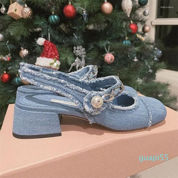 Sandales Femmes Été 7cm Talons Hauts Chaussures Lady Bling Mules Slingback Argent Pompes Femme Denim Mariée