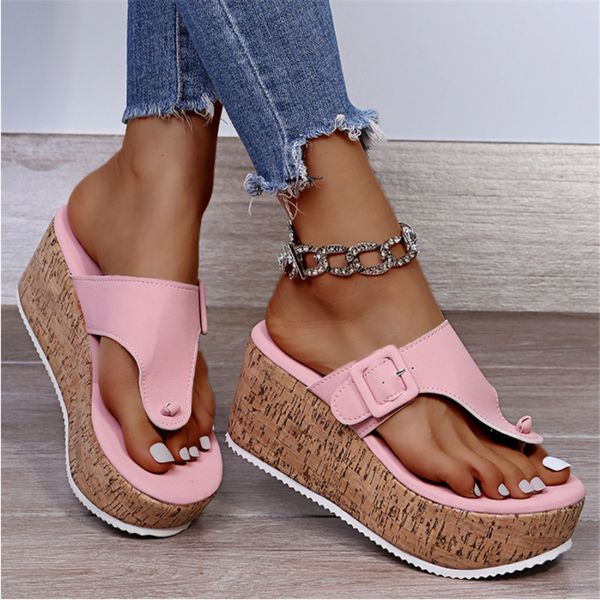 Sandalias de verano para mujer, chanclas, zapatos para mujer, sandalias con plataforma de cuña para mujer, zapatillas informales de fondo grueso de 75 cm, zapatos negros y rosas 230713