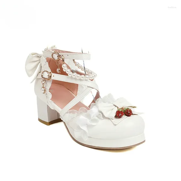 Sandales Femmes Été Lolita Chaussures Sweet Bow Rouge Fraise Côté Ouvert Dentelle Volants Chaîne Perle Croix Sangle Mary Jane Talons Plate-Forme Pompes