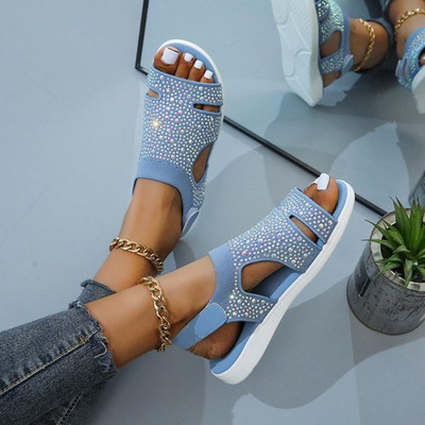 Sandalias de verano para mujer, zapatos de plataforma informales ostentosos de malla para mujer, calzado cómodo con punta abierta y diamantes de imitación para mujer, moda de Color sólido