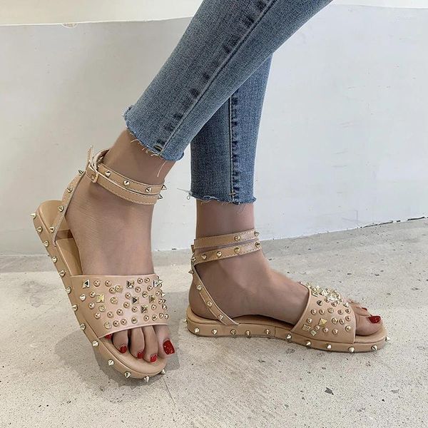 Sandalias Mujer Verano Remache Punk Zapatos Tobillo Correa Mujer Pisos Hebilla Bling Señoras Zapatillas