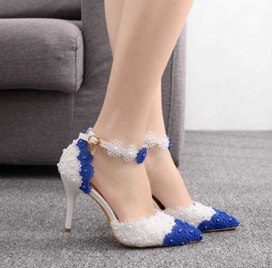 Sandalen vrouwen dunne hak sandalen puntige teen hoge hakken wit blauw kanten trouwschoenen puntige teen kanten bloem parels pompen g230211