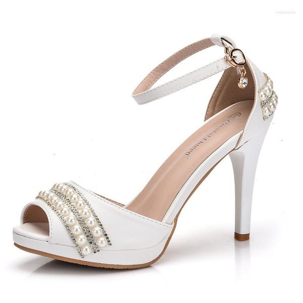 Sandalias Mujer boda banquete PU diamantes de imitación hebilla Correa 10CM tacones altos finos Peep Toe Sandalia zapatos 2023 tamaño 35-42 blanco