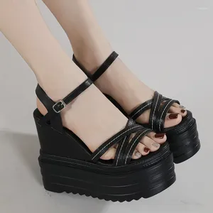 Sandalen Vrouwen Wiggen Hoge Hak Open Teen 2024 Zomer Sexy Platform Zwarte Schoenen Voor Bovenkleding