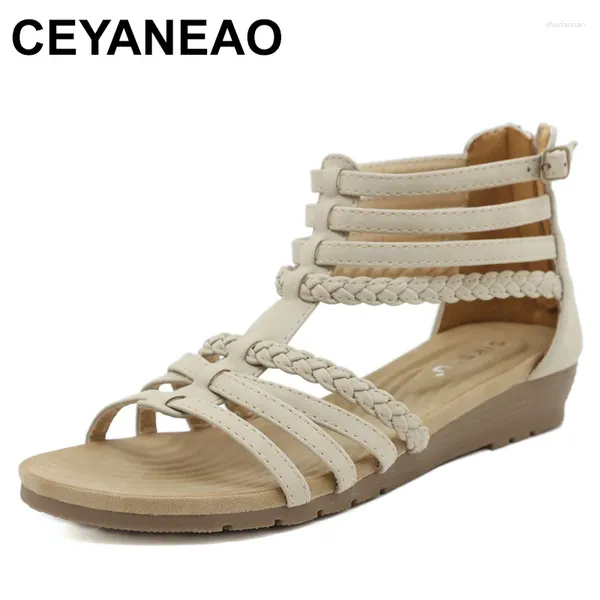 Sandalias Mujeres cuñas Pu Toe redondear Zip Summer Zipper Modelas Modelos de moda Weave Bohemian Zapatos