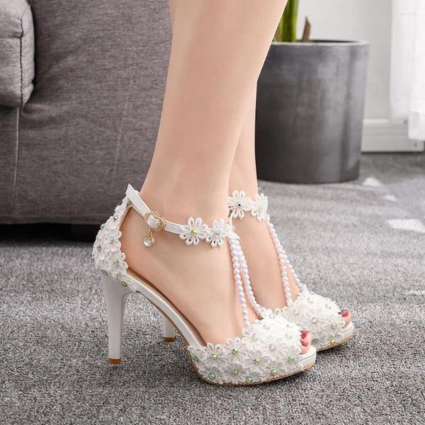 Sandales femmes dentelle blanche chaussures de mariage fleurs perle gland 10CM talons hauts pompes de mariée minces