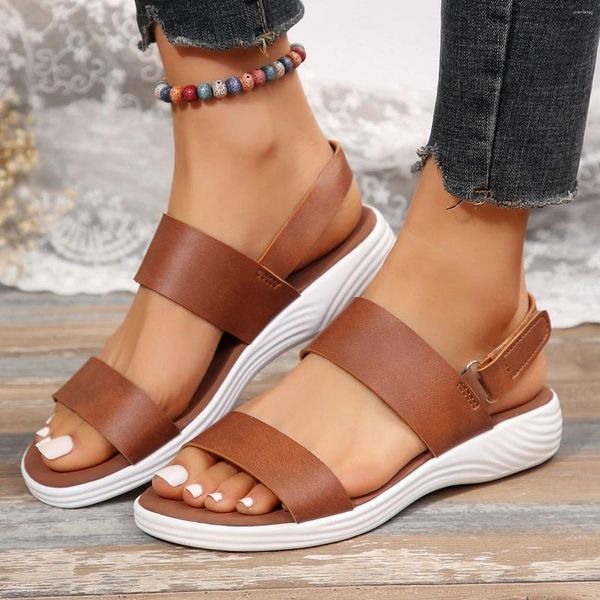 Sandales d'été en cuir souple pour femmes, épaisses, larges largeurs, décontractées, couleur bonbon, vêtements d'extérieur, plateforme pour femmes, 2024
