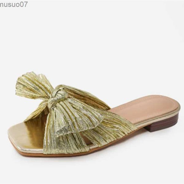 Sandales Femmes Designer Plus Taille Chaussures 42 43 Or Champagne Soie Teinte Slide Avant Bout Ouvert Texture En Bois Talon Slide avec BowL2403