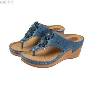 Sandales Sandales en cuir de fibre ultra-fine pour femmes avec design floral, chaussures Zoris compensées d'été, semelle épaisse, curseur de pied large, talon haut sliderL2403