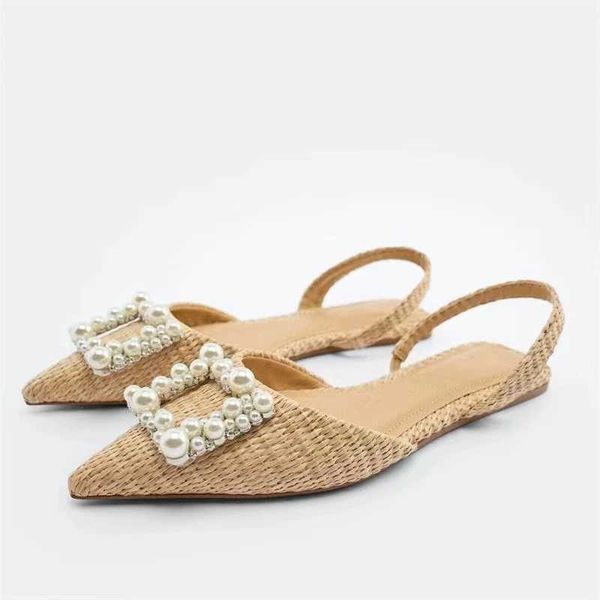 Sandalias para mujer de tejido plano de verano para mujer con cuentas de perlas Slingback zapatillas para mujer sandalias de punta estrecha de talla grande 230406