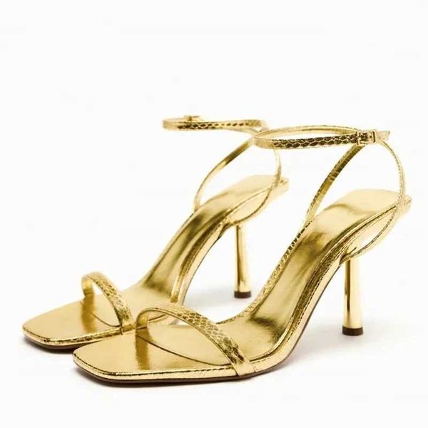 Sandalias Gold Gold High Sandals Sandalias de punta cuadrada única Cinturón de tobillos elegantes sandalias Sandalias de fiesta de baile sexy J240416