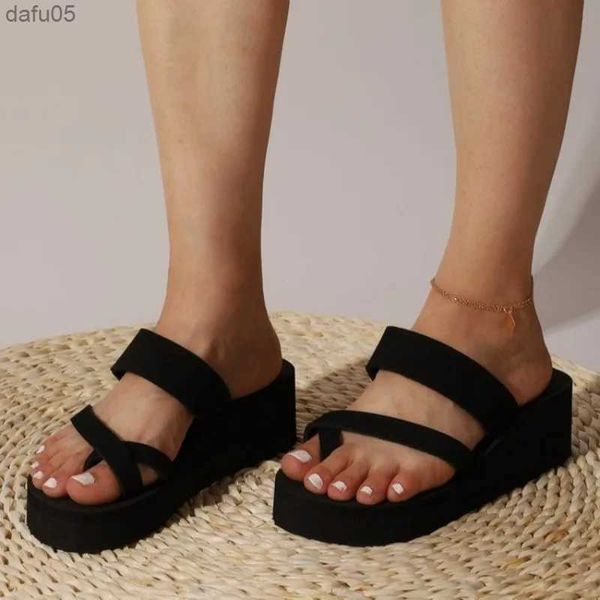 Sandalias Sandalias de cuña con plataforma para mujer con anillo en el dedo Sandalias de diapositivas de moda negras Calzado para mujer