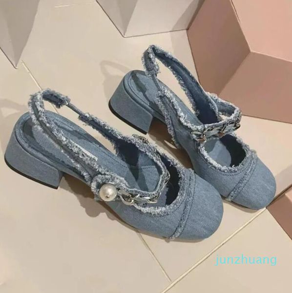 Sandales femmes bout rond Denim jean perle chaîne en métal bloc talon Slingbacks chaussures Mary Janes 37 filles Vintage 2023