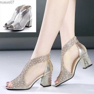 Sandalen Dames Sandalen Zomer 2023 Strass Dikke Hoge Hakken Mode Goud Zilver Sandaal Vrouwelijke Dames Open Teen Casual Platform SchoenenL2402