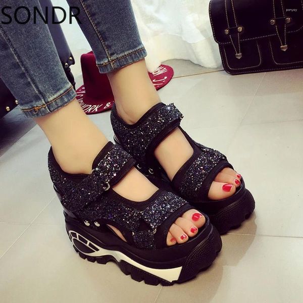 Sandalias para mujer Lentejuelas Bling Plataforma Cuña Brillante Deporte Casual Zapatos de tacón súper alto Negro Astilla Verano