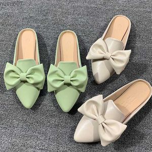 Sandales Femmes Super Plus Taille 45 44 32 Chaussures Vert Noir Sweet Bow Designer Avant Fermé Toe Cuir Vide Été SlideL2403