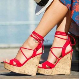 Sandalen Houten Hoge Platform Wedge Rode Lace-up Cross Strap Jurk Schoenen Peep Toe Uitgesneden Zomer Wedges Drop Ship