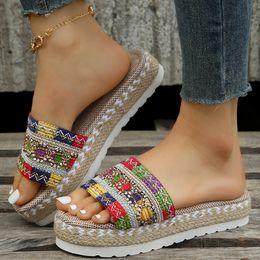 Sandalias tejidas con plataforma deslizante para mujer, zapatos de verano para mujer, sandalias informales de tacón alto para la playa, alpargatas bohemias hechas a mano para mujer 230713