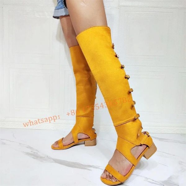 Sandales jaunes à bout ouvert et talon bas épais, élégantes, avec boucle de ceinture, bottes hautes au genou, grande taille 46, chaussures personnalisées