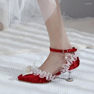 Sandales YQBTDL 2023 Style Lolita Dentelle Volants Princesse Femmes Été Daim Vin Coupe Talons Hauts Bowtie Party Cheville Sangle Chaussures