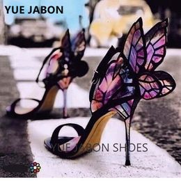 Sandalen yue jabon kleurrijke metalen geborduurde lederen sandalen angel vleugels pumps feest kleding schoenen vlinder enkel wrap hoge hakken 230225