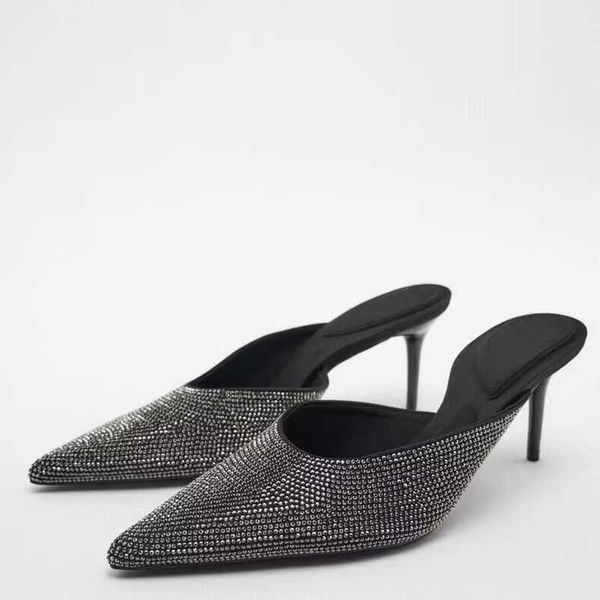 Sandalias ZA 2023, zapatos de tacón con diamantes de imitación para mujer, tacones altos sexis para mujer, mulas con punta en pico, zapatillas de lujo para mujer G230211