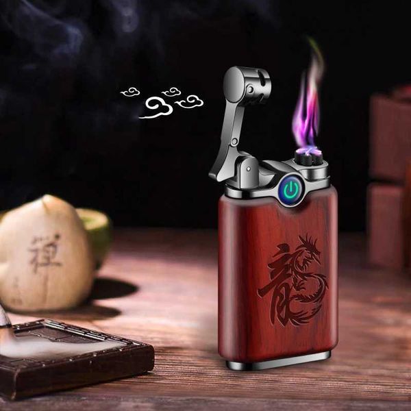 Briquet électrique USB en bois de santal à détection tactile, coupe-vent pour l'extérieur, affichage de puissance à Double Arc, sans flamme, cadeau pour hommes