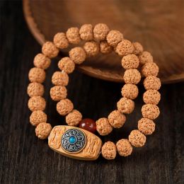 Carte en bois de la platine en bois de santal corde incrustée de turquoise om mani-padme hum vajra bodhi double cercle de yoga bijoux