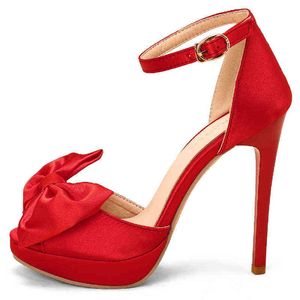 Sandels Mode Zomer Schoenen Voor Vrouwen Sandalen Hoge Hakken Platform Enkelliels Zijde Rode Party Bruiloft Vrouwelijke Sweet Bow Betand 220303