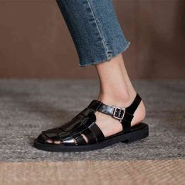 Sandels Zapatos de Piel Auteuntica Para Mujer Sandalias Bohemen CON CORREA Y Hebilla Punta Redonda Tacón Gruso Planos Hechos A Mano 220303