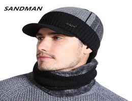 SANDMAN Cappelli invernali con tesa in pelliccia di cotone di alta qualità Skullies Berretti per uomo Donna Sciarpa di lana Berretti Maschera Gorras Cofano Cappello lavorato a maglia5308640