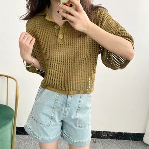Sandr Lente zomer Nieuw Crochet Hollow Short Kort Knitted Women T-shirt