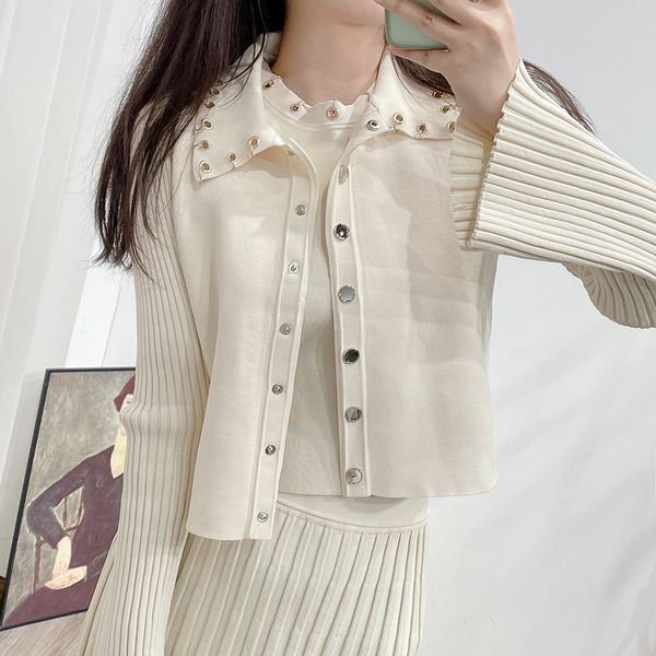 Sandro femmes Beige Slim Out tricoté Cardigan pull col en v trois pièces ensemble de cardigan, gilet et jupe