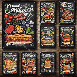 Sandwich Métal Tin Sign Poster Hamburger Tacos Pizza Vintage Yard Garden Wall Art Food Plates Cuisine Restaurant Coffee Shop Décoration Taille personnalisée 30X20 W01