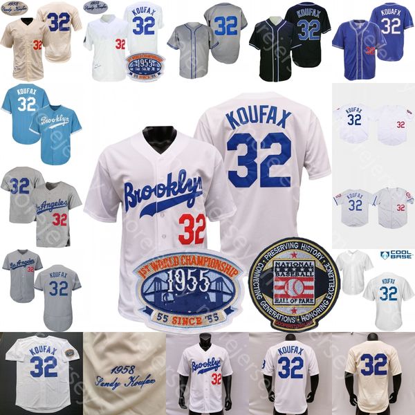 Maillot Sandy Koufax 1958 Blanc Crème Avec Patch 1ER WS 1955 1963 1981 Chanvre-Gris Noir Mode Bleu Fans Joueur Brooklyn Gris Taille S-3XL