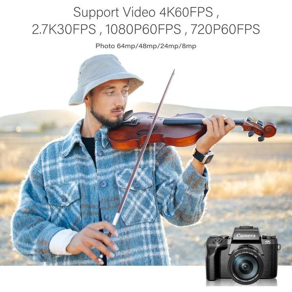 Saneen 4K 64 MP WiFi écran tactile Vlogging Camera Bundle avec flash, carte SD 32 Go, pare-soleil, batterie 3000 mAh, caméras avant et arrière, 4 grands écrans HD – Parfait pour la photographie