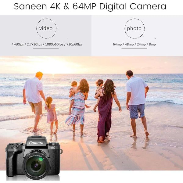 Appareil photo numérique Saneen 4K avec 64 MP, WiFi, écran tactile, flash, carte SD 32 Go, couverture d'objectif, batterie de 3000mAh - parfait pour la photographie, YouTube et les blogs