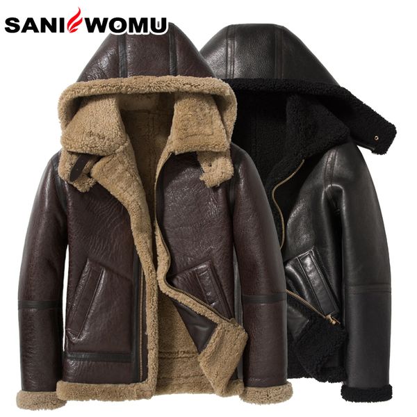 Sani Sheepskin Fur Shearling Men's Short Warm Overcoat Flight Clothing Hooded Fur Collar Genuine Leather Fur Jacket LJ201029