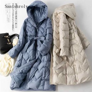 Sanishroly Hiver Chaud Épaissir Blanc Duvet de Canard Veste Femmes Avec Ceintures Long Manteau Parka Femme À Capuche Survêtement Plus La Taille S1031 211007